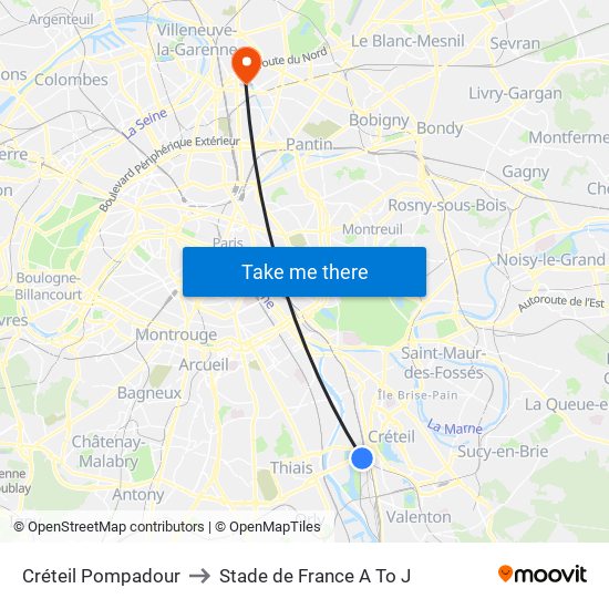 Créteil Pompadour to Stade de France A To J map