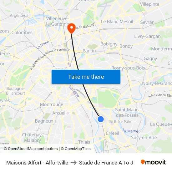 Maisons-Alfort - Alfortville to Stade de France A To J map