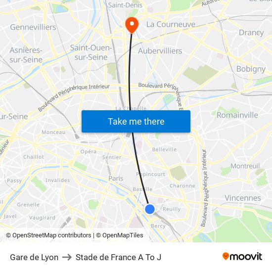Gare de Lyon to Stade de France A To J map