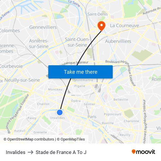 Invalides to Stade de France A To J map