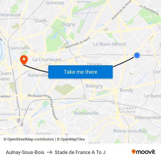 Aulnay-Sous-Bois to Stade de France A To J map