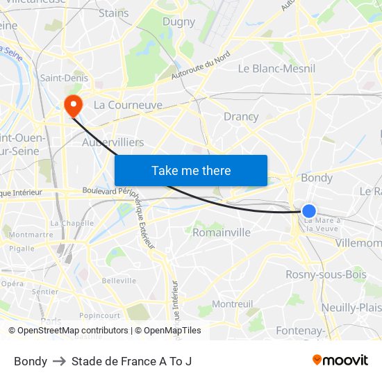 Bondy to Stade de France A To J map