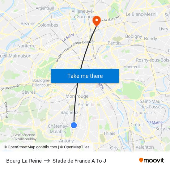 Bourg-La-Reine to Stade de France A To J map