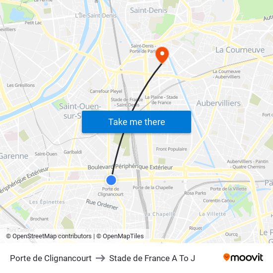 Porte de Clignancourt to Stade de France A To J map