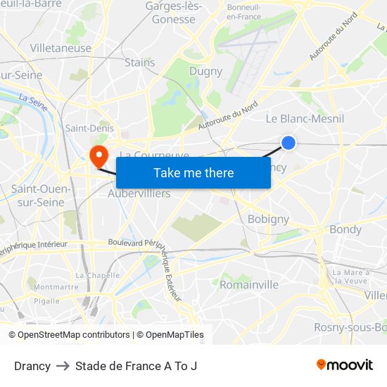 Drancy to Stade de France A To J map