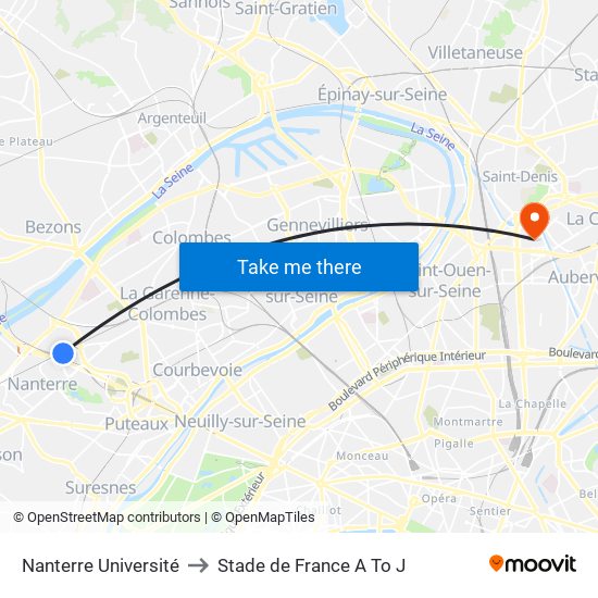Nanterre Université to Stade de France A To J map