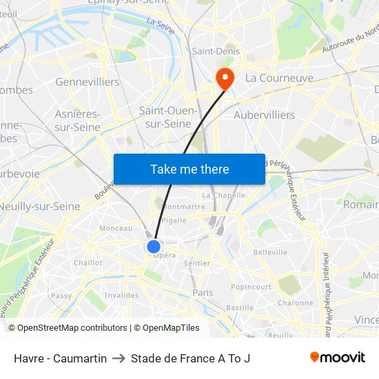 Havre - Caumartin to Stade de France A To J map