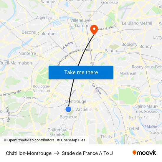 Châtillon-Montrouge to Stade de France A To J map