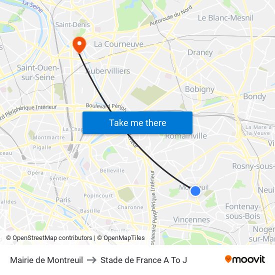 Mairie de Montreuil to Stade de France A To J map