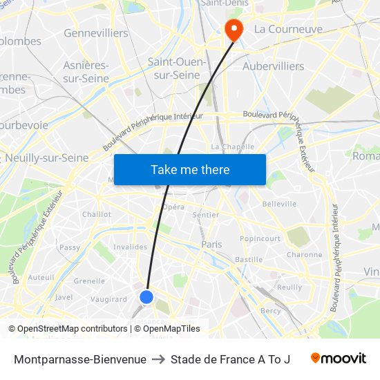 Montparnasse-Bienvenue to Stade de France A To J map