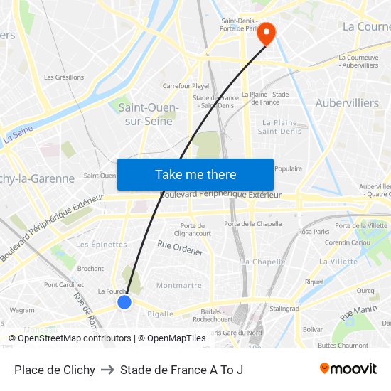 Place de Clichy to Stade de France A To J map