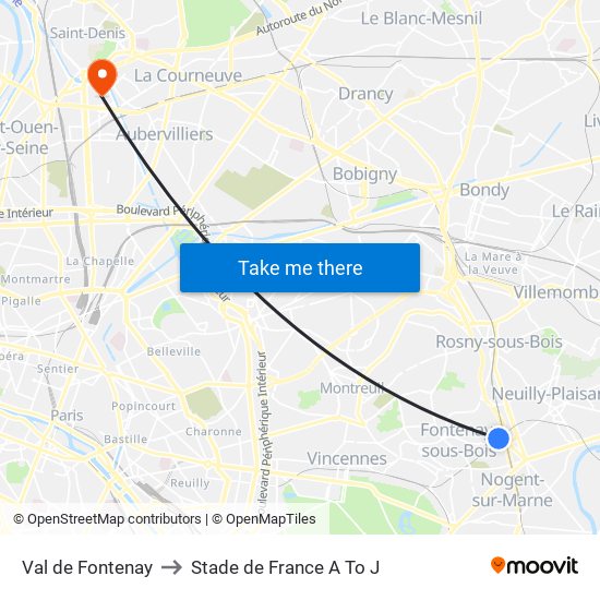 Val de Fontenay to Stade de France A To J map
