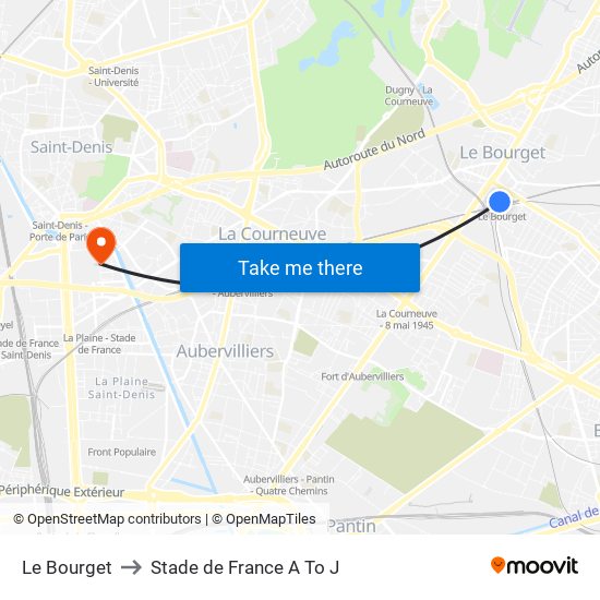 Le Bourget to Stade de France A To J map
