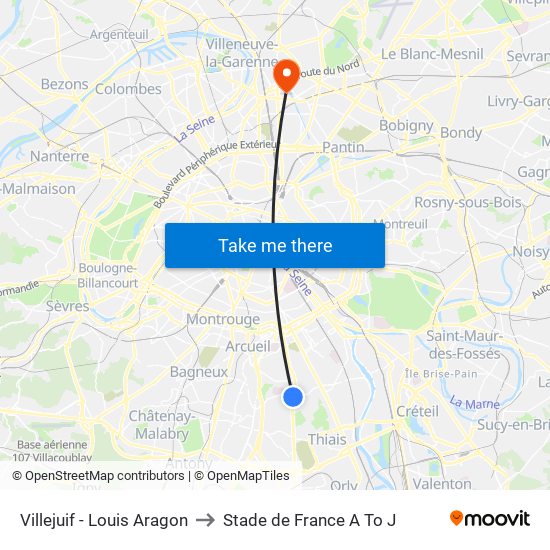 Villejuif - Louis Aragon to Stade de France A To J map