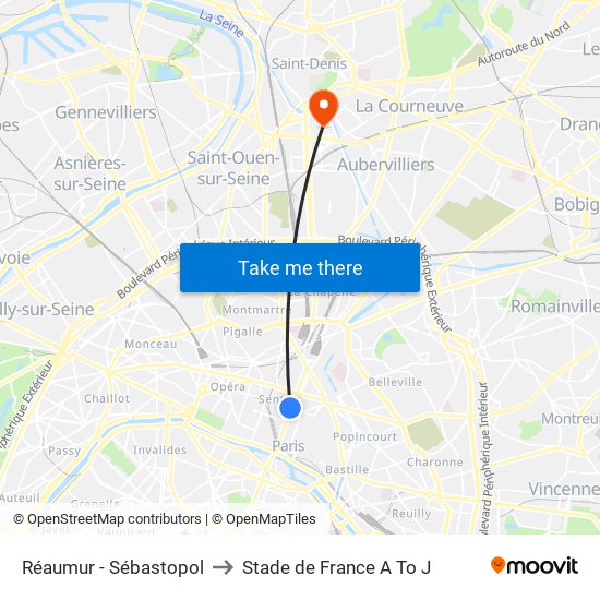 Réaumur - Sébastopol to Stade de France A To J map