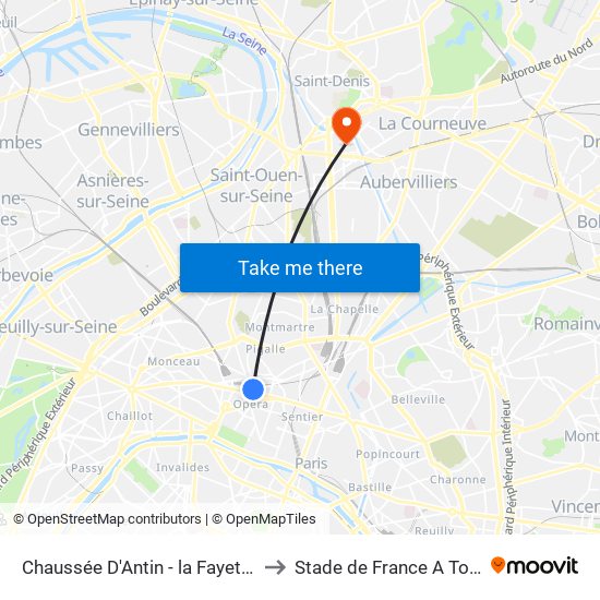 Chaussée D'Antin - la Fayette to Stade de France A To J map