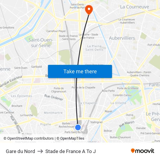 Gare du Nord to Stade de France A To J map