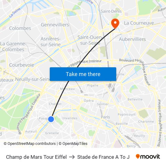 Champ de Mars Tour Eiffel to Stade de France A To J map