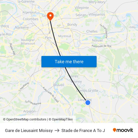 Gare de Lieusaint Moissy to Stade de France A To J map