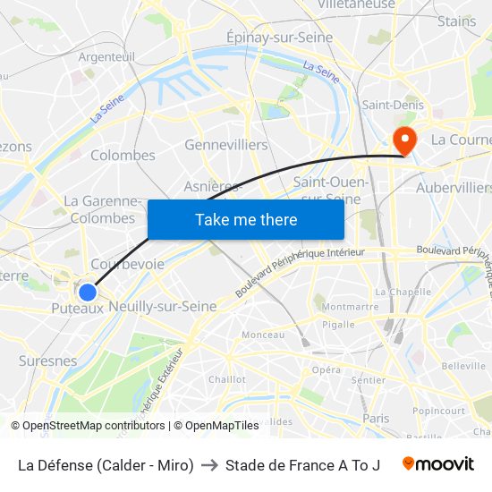 La Défense (Calder - Miro) to Stade de France A To J map