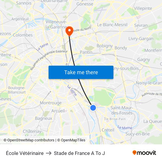 École Vétérinaire to Stade de France A To J map