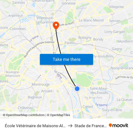 École Vétérinaire de Maisons-Alfort - Métro to Stade de France A To J map