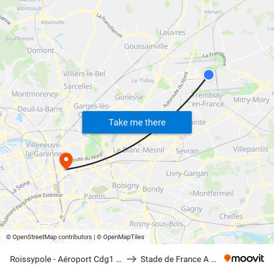 Roissypole - Aéroport Cdg1 (E2) to Stade de France A To J map
