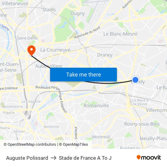 Auguste Polissard to Stade de France A To J map