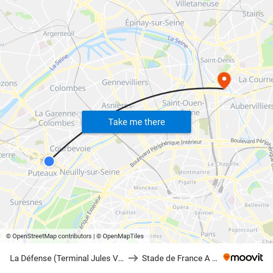 La Défense (Terminal Jules Verne) to Stade de France A To J map