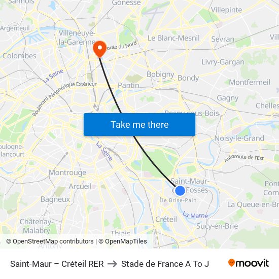 Saint-Maur – Créteil RER to Stade de France A To J map