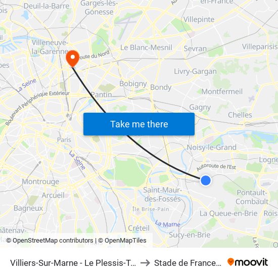 Villiers-Sur-Marne - Le Plessis-Trévise RER to Stade de France A To J map