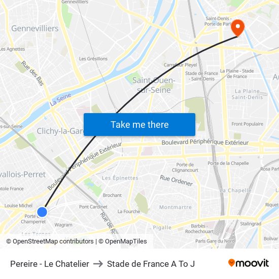 Pereire - Le Chatelier to Stade de France A To J map