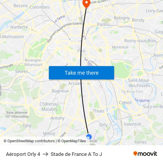 Aéroport Orly 4 to Stade de France A To J map