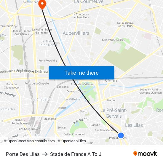 Porte Des Lilas to Stade de France A To J map