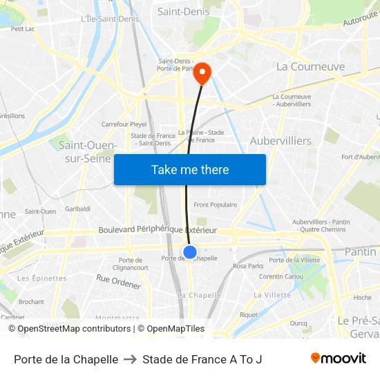 Porte de la Chapelle to Stade de France A To J map