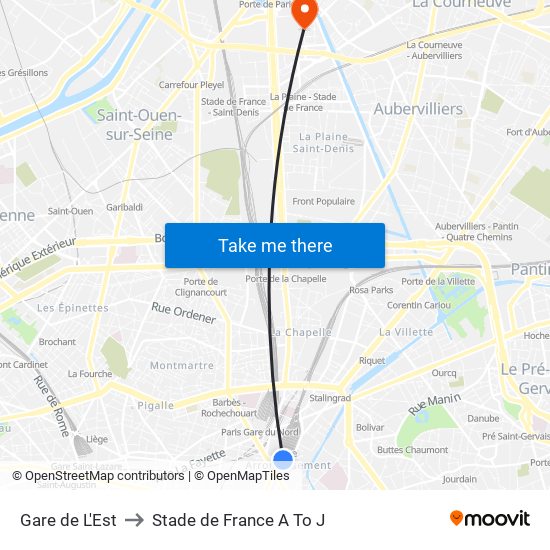 Gare de L'Est to Stade de France A To J map