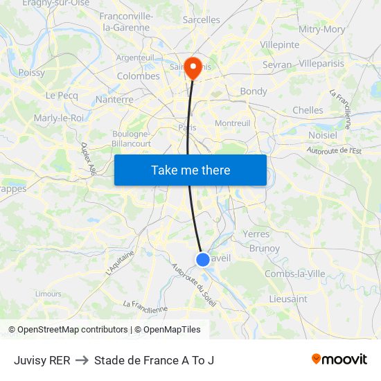 Juvisy RER to Stade de France A To J map