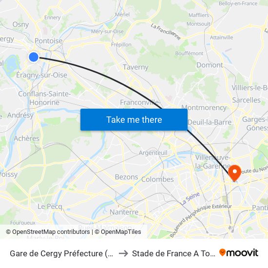 Gare de Cergy Préfecture (C) to Stade de France A To J map
