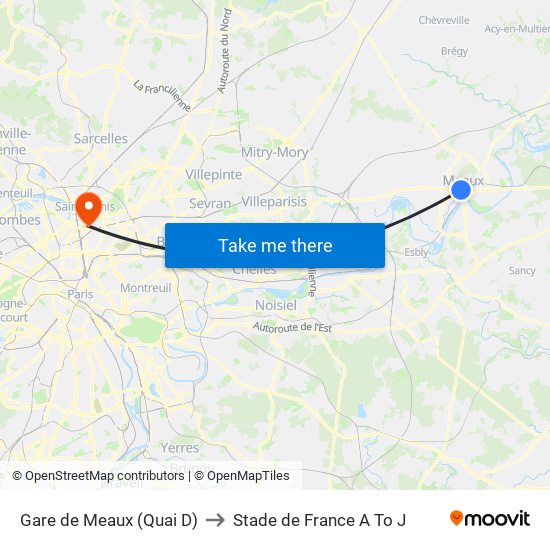 Gare de Meaux (Quai D) to Stade de France A To J map