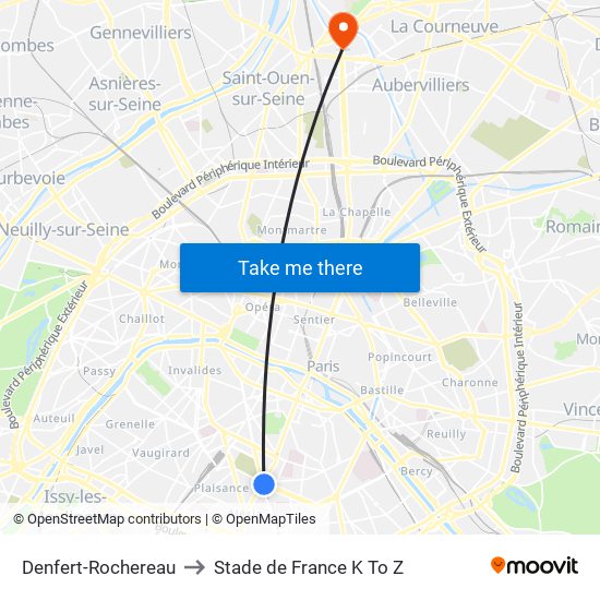 Denfert-Rochereau to Stade de France K To Z map