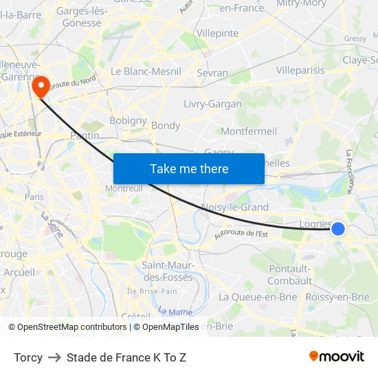 Torcy to Stade de France K To Z map