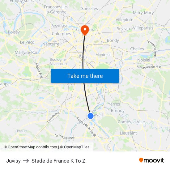 Juvisy to Stade de France K To Z map