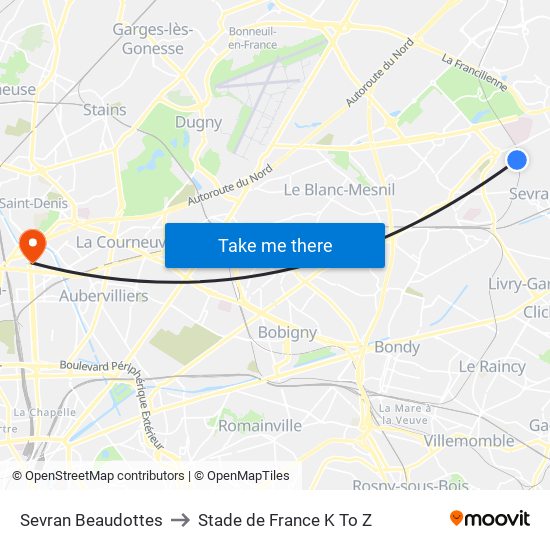 Sevran Beaudottes to Stade de France K To Z map