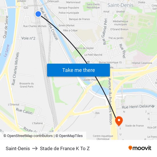 Saint-Denis to Stade de France K To Z map