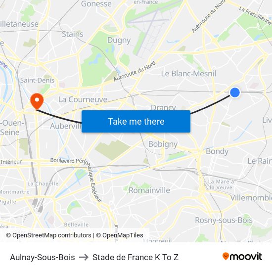 Aulnay-Sous-Bois to Stade de France K To Z map