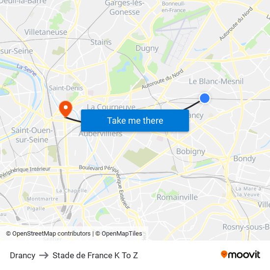 Drancy to Stade de France K To Z map