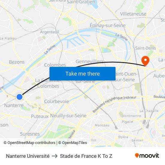 Nanterre Université to Stade de France K To Z map