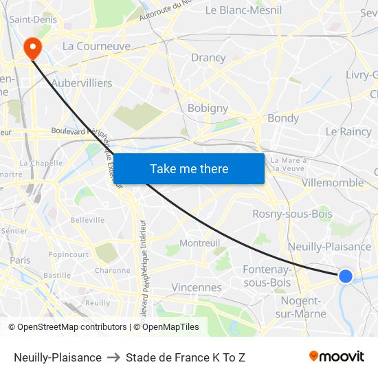 Neuilly-Plaisance to Stade de France K To Z map