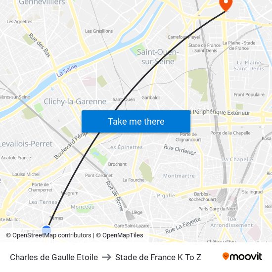 Charles de Gaulle Etoile to Stade de France K To Z map