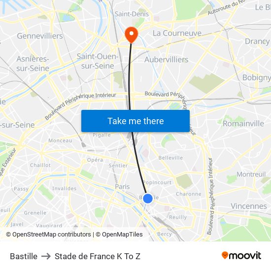 Bastille to Stade de France K To Z map
